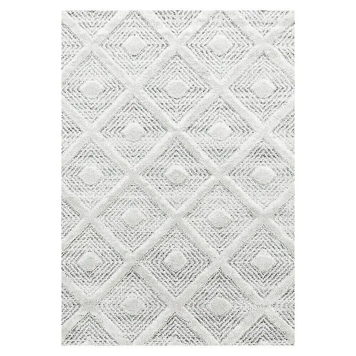 Hochflorteppich Pisa 4707 - Grau, 200 x 140 cm, 100% Polypropylen - Nahaufnahme eines weißen Teppichs mit geometrischen Rautenmuster, ideal für Wohnräume.