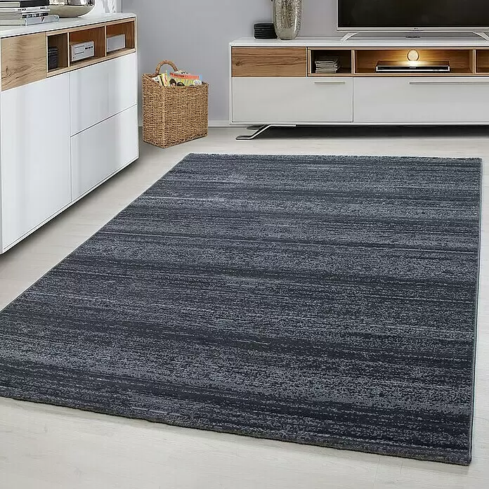 Kurzflorteppich Plus 8000 - Grau, 290 x 200 cm, 100% Polypropylen - Dunkelgrauer, strukturierter Teppich mit dezentem Streifenmuster, auf hellem Boden in einem modernen Wohnzimmer.