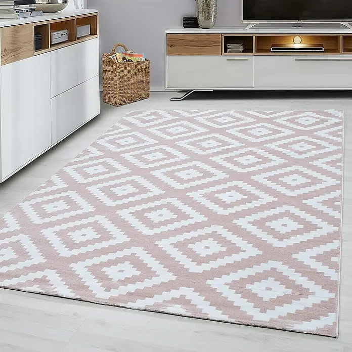 Kurzflorteppich Plus 8005Pink, 290 x 200 cm, 100 % Polypropylen - Moderner Teppich in Rosa und Weiß mit geometrischem Muster. Perfekt für Wohnzimmer, Schlafzimmer oder Flur, um jedem Raum einen Hauch von Stil zu verleihen.