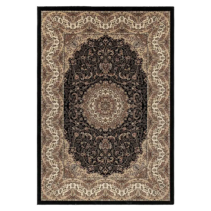 Kurzflorteppich Kashmir 2606Schwarz, 340 x 240 cm, 100% Polypropylen - Ein detailreicher Teppich mit floralem Muster in Schwarz-, Beige- und Brauntönen, der eine elegante und traditionelle Optik bietet.