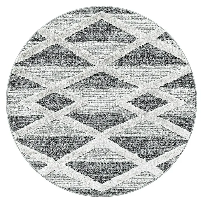 Hochflorteppich Pisa 4709Grau, Durchmesser: 200 cm, 100% Polypropylen - Runder Teppich mit abstraktem Diamantenmuster in Grau- und Weißtönen, ideal für moderne Wohnräume und zur Akzentuierung des Fußbodens.