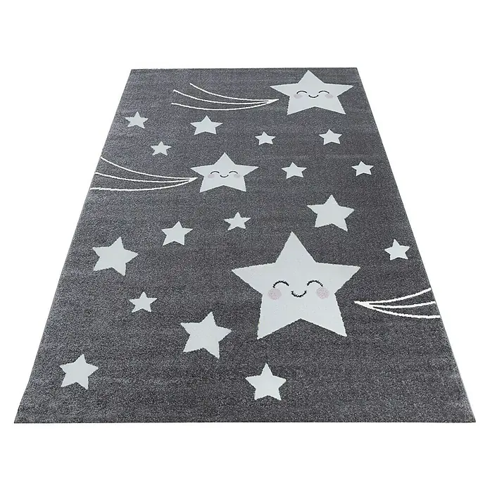 Kinderteppich Kids 0610Grau, 170 x 120 cm, 100% Polypropylen - Grauer Kinderteppich mit niedlichen Sternenmotiven, ideal für jedes Kinderzimmer. Er sorgt für eine gemütliche und spielerische Atmosphäre.