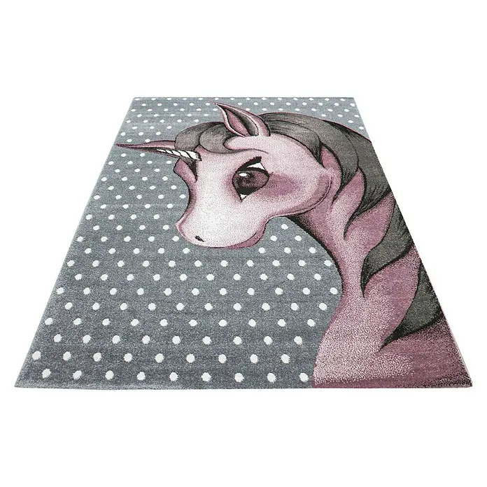Kinderteppich Kids 0590Pink, 230 x 160 cm, 100% Polypropylen - Niedlicher Kinderteppich mit Einhornmotiv und weißen Punkten auf grauem Hintergrund. Ideal fürs Kinderzimmer und zum Spielen.