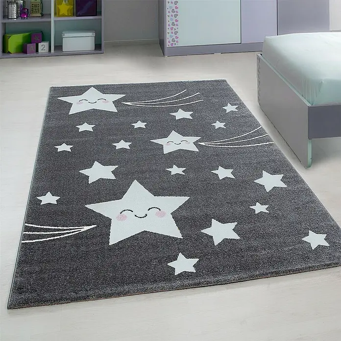 Kinderteppich Kids 0610Grau, 170 x 120 cm, 100% Polypropylen - Grauer Teppich mit freundlichen Sternen und Schweifen, ideal für ein Kinderzimmer, der Wärme und Stil verleiht.
