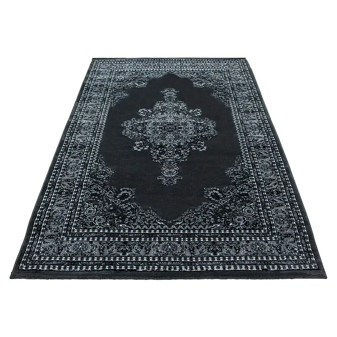 Kurzflorteppich Orient-Optik Marrakesh 0297 - Grau, 150 x 80 cm, 100% Polypropylen - Ein detailreicher, dunkler Teppich mit klassischem Muster, ideal für stilvolle Wohnräume. Elegantes Design trifft auf Komfort.