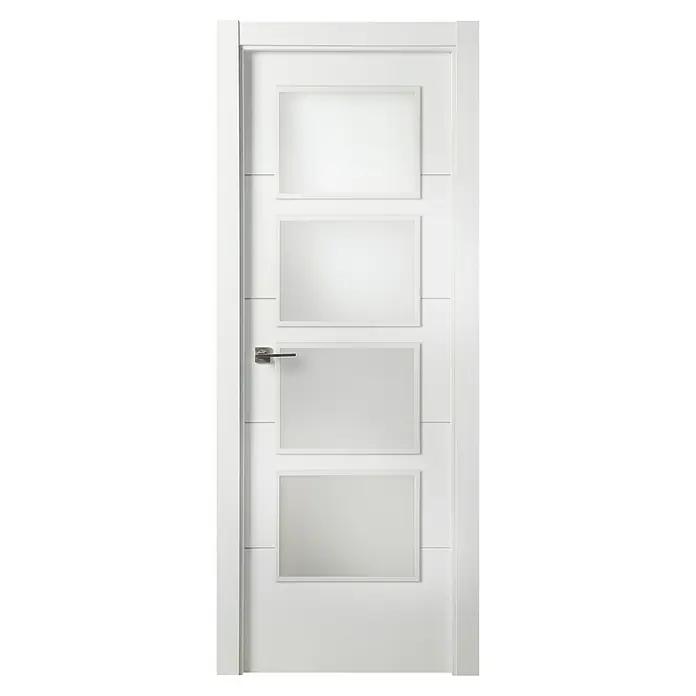 Solid Elements Puerta acristalada Mannheim - 72,5 x 203 cm, Derecha, Blanco - Una moderna puerta blanca con cuatro paneles rectangulares de vidrio esmerilado y un tirador plateado con un diseño elegante.