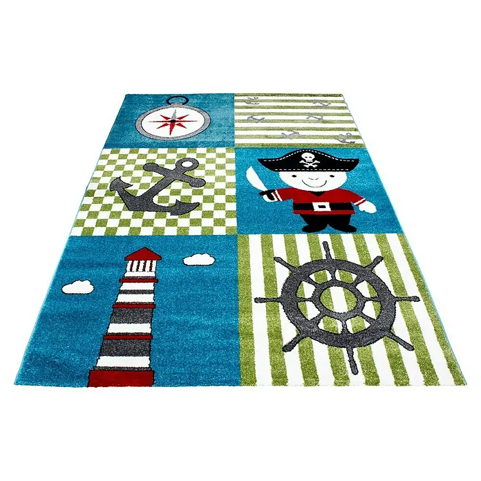 Kinderteppich Kids 0450Multi, 170 x 120 cm, 100% Polypropylen - Bunter Kinderteppich mit Piratenmotiven: Kompass, Anker, Pirat, Leuchtturm und Steuerrad. Perfekt für jedes Kinderzimmer.