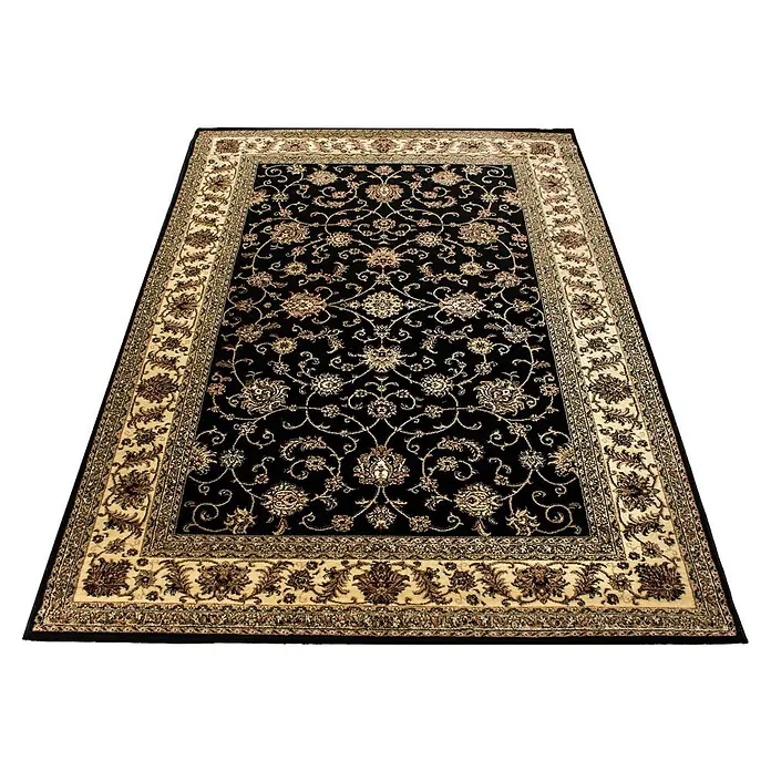 Kurzflorteppich Orient-Optik Marrakesh 0210Schwarz, 170 x 120 cm, 100% Polypropylen - Eleganter Teppich mit floralem Muster. Der Teppich in Schwarz und Beige ist ein echter Hingucker für jeden Raum.