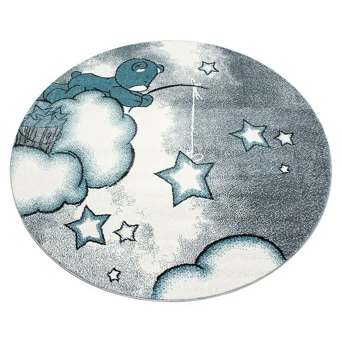 Kinderteppich Kids 0580 - Blau, Durchmesser: 120 cm, 100 % Polypropylen - Ein runder Kinderzimmerteppich mit einem Bären, Wolken und Sternen sorgt für eine gemütliche Atmosphäre.