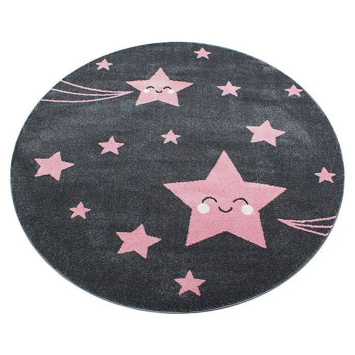 Kinderteppich Kids 0610 - Pink, Durchmesser: 120 cm, 100% Polypropylen - Ein runder Teppich mit einem grauen Hintergrund und rosa Sternen mit freundlichen Gesichtern, ideal für Kinderzimmer.