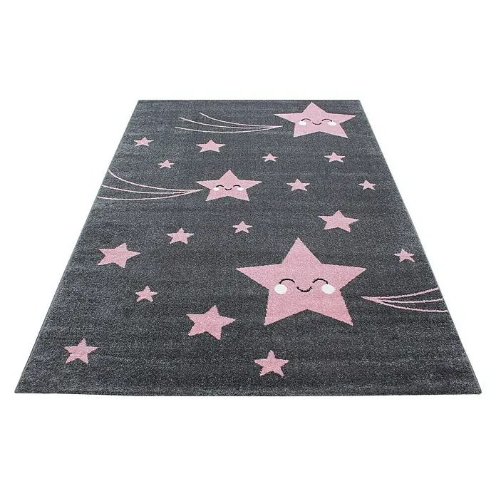 Kinderteppich Kids 0610Pink, 230 x 160 cm, 100% Polypropylen - Grauer Teppich mit rosa Sternenmuster und freundlichen Gesichtern, ideal für Kinderzimmer. Weiche Oberfläche sorgt für Komfort beim Spielen.