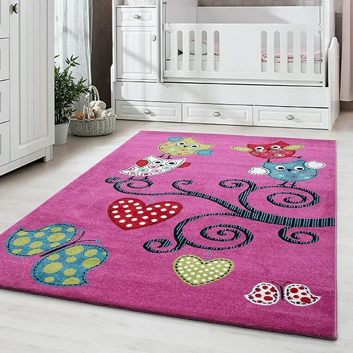 Kinderteppich Kids 0420Lila, 150 x 80 cm, 100% Polypropylen - Pinker Kinderteppich mit Eulen-, Herz- und Schmetterlingsmotiven für ein farbenfrohes Kinderzimmer.