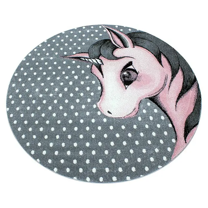 Kinderteppich Kids 0590Pink, Durchmesser: 120 cm, 100% Polypropylen - Runder Kinderteppich mit Einhorn-Motiv und weißen Punkten auf grauem Hintergrund. Ideal für Mädchenzimmer.