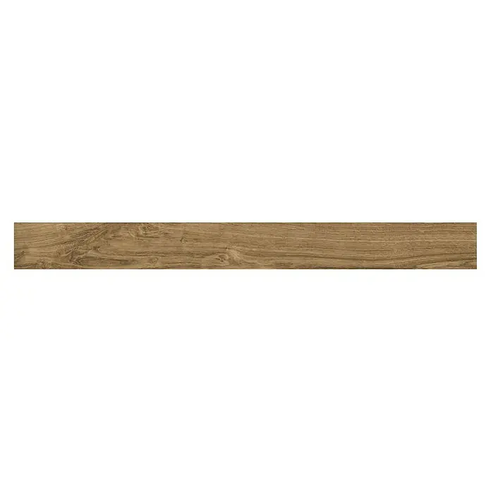 Atlas Concorde Solution Sockelfliese Whirl Natural7,2 x 90 cm, Braun, Matt - Nahaufnahme einer länglichen, hellbraunen Holzplanke mit einer markanten Maserung, ideal für Bodenbeläge oder Wandverkleidungen.