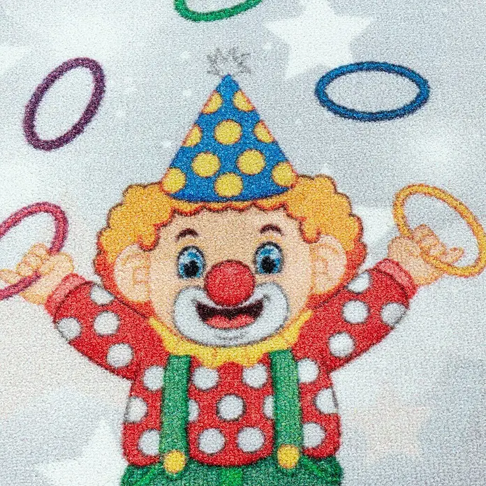 Kinderteppich Play 2909Grau, 150 x 100 cm, 100% Polyamide - Detailansicht eines bunten Teppichs mit einem fröhlichen Clownmotiv und bunten Ringen, ideal für Kinderzimmer.