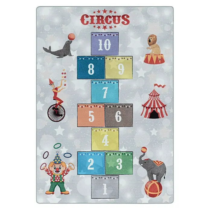 Kinderteppich Play 2909Grau, 150 x 100 cm, 100% Polyamide - Abbildung eines Zirkus-Hopscotch-Teppichs mit Zahlen von 1 bis 10 und verschiedenen Zirkusfiguren.