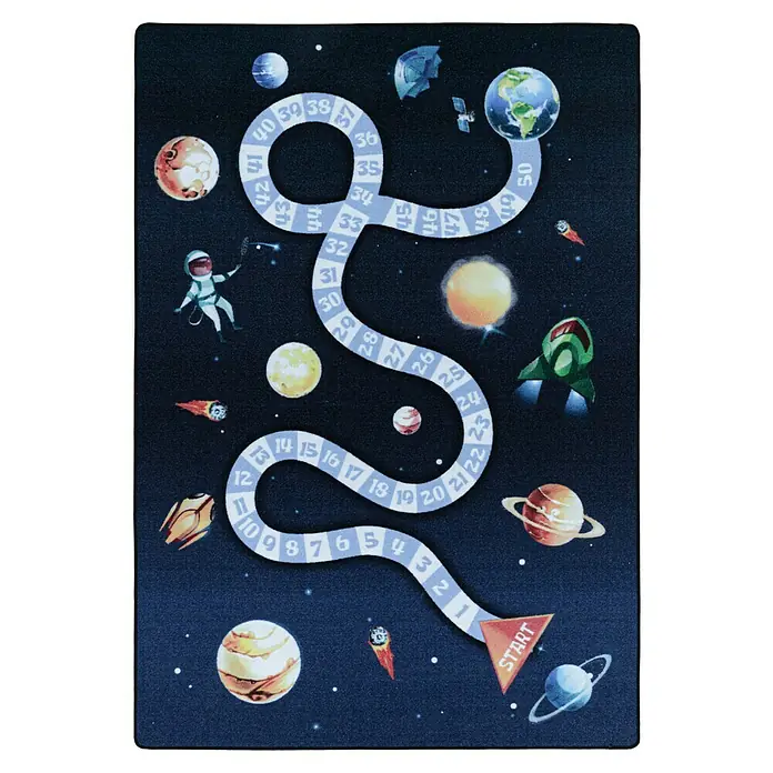 Kinderteppich Play 2910 - Navy, 150 x 100 cm, 100% Polyamide - Ein Weltraum-Brettspiel mit Planeten, einem Astronauten und einem Raumschiff. Der Spielpfad führt von Start bis 50.