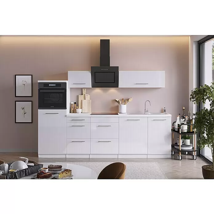 Respekta Premium Composición de cocina Amanda - Ancho: 280 cm, Blanco (campana negra), Con electrodomésticos - Muebles de cocina blancos con horno y campana negros en un ambiente de cocina moderno.