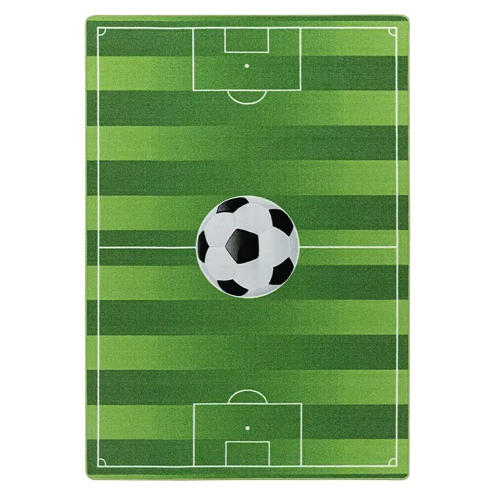 Kinderteppich Play 2911 - Grün, 120 x 80 cm, 100% Polyamide - Fußballfeld-Design: Ein Teppich mit Fußballfeldmuster und Ball in der Mitte, perfekt für Kinderzimmer oder Sportbegeisterte.