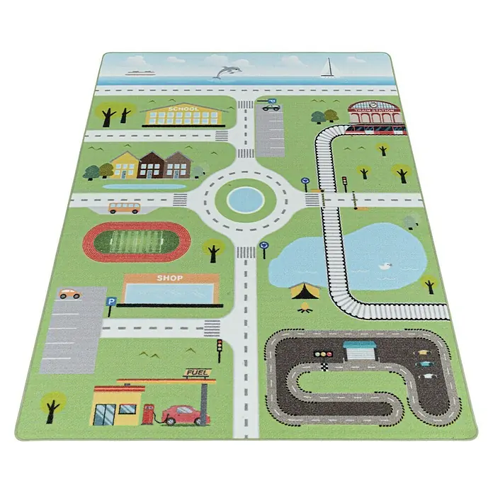 Kinderteppich Play 2902 - Grün, 200 x 140 cm, 100% Polyamide - Ein detailreicher Spielteppich mit Stadtmotiv, ideal für Kinder zum Spielen und Lernen.