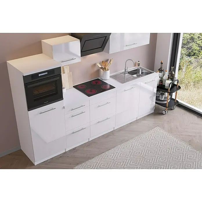 Respekta Premium Composición de cocina Amanda - Ancho: 280 cm, Blanco (campana negra), Con electrodomésticos - Cocina moderna con frentes blancos brillantes, con una placa de cocción, fregadero y horno negro. Diseño de cocina con elementos prácticos.