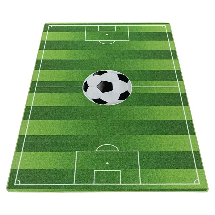 Kinderteppich Play 2911 - Grün, 120 x 80 cm, 100% Polyamide - Fußballfeld-Teppich mit Fußball in der Mitte. Ideal für kleine Fußballfans und zur Dekoration des Kinderzimmers.