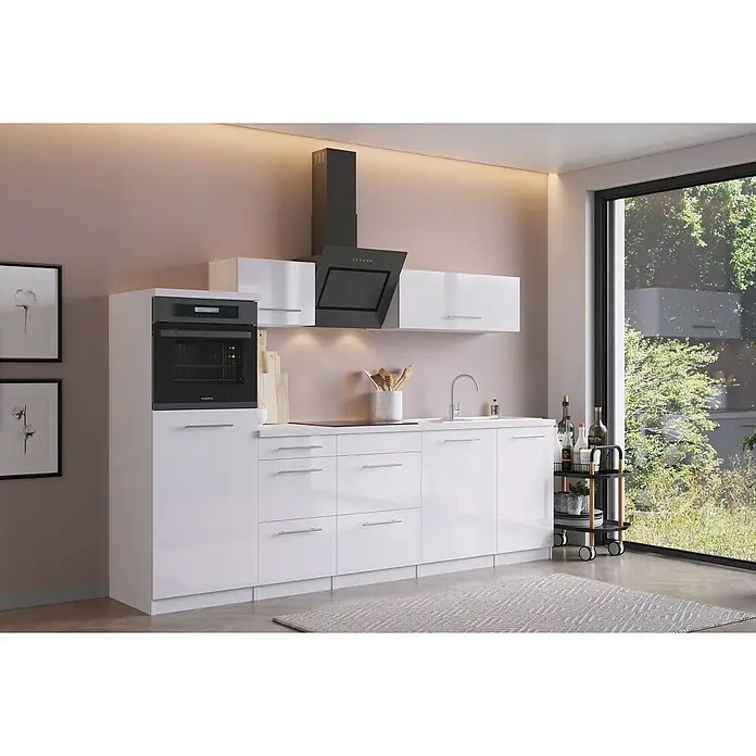 Respekta Premium Composición de cocina Amanda - Ancho: 280 cm, Blanco (campana negra), Con electrodomésticos - Cocina moderna con armarios blancos, campana extractora negra y horno integrado, complementada con un carro elegante y una alfombra para un ambiente elegante.