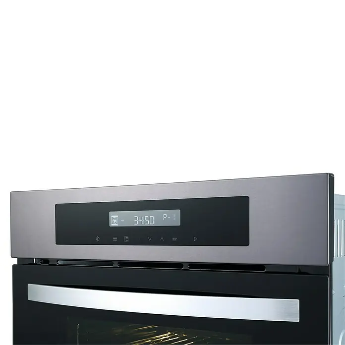 Respekta Premium Composición de cocina Amanda - Ancho: 310 cm, Blanco (campana negra), Con electrodomésticos - Primer plano de un horno moderno de acero inoxidable con pantalla digital y diseño elegante. Perfecto para cualquier cocina moderna.
