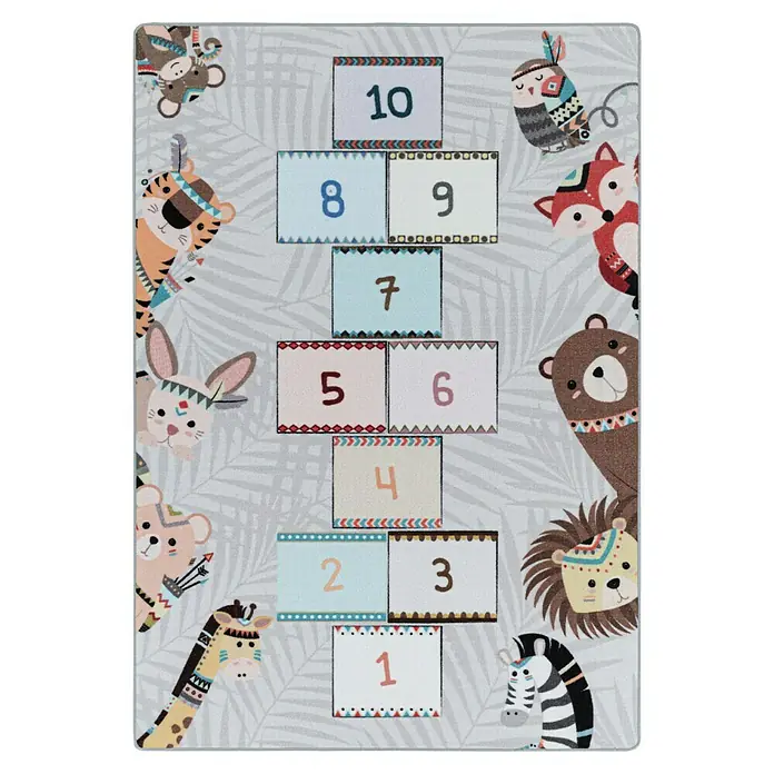 Kinderteppich Play 2903 - Grau, 120 x 80 cm, 100% Polyamide - Eine farbenfrohe Kinderzimmer-Matte mit einem Hopscotch-Design und Waldtieren, die spielerische Aktivität und dekorativen Charme vereint.