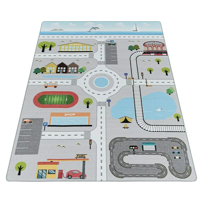 Kinderteppich Play 2902Grau, 170 x 120 cm, 100% Polyamide - Kinderteppich mit Stadtmotiv, ideal zum Spielen und Lernen. Die bunten Designs fördern die Fantasie und Kreativität der Kinder.
