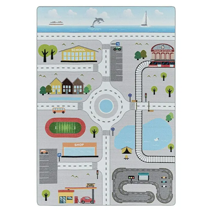 Kinderteppich Play 2902 - Grau, 230 x 160 cm, 100% Polyamide - Spielteppich mit Stadtmotiv, ideal für Kinderzimmer. Straßen, Gebäude und Spielplätze laden zum Spielen und Entdecken ein.
