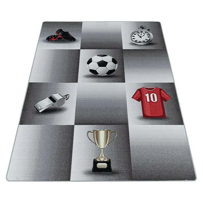 Kinderteppich Play 2906 - Grau, 230 x 160 cm, 100% Polyamide - Ein Schachbrettmuster-Teppich mit Fußballmotiven wie Ball, Schuhe und Trikot.
