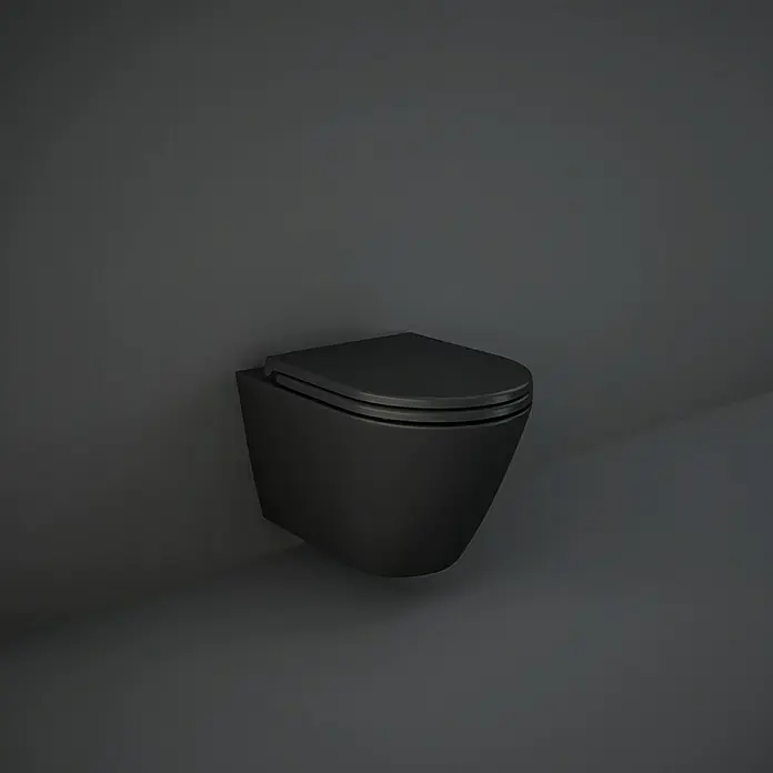 RAK Ceramics Feeling Wand-WC - Spülrandlos, Ohne Spezialglasur, Spülform: Tief, WC Abgang: Waagerecht, Schwarz, Matt - Schwarze, wandhängende Toilette, modernes Design. Minimalistische Ästhetik für zeitgemäße Badezimmer, elegantes Erscheinungsbild.