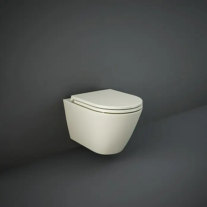 RAK Ceramics Feeling WC-Sitz - Duroplast, Greige, Mit Absenkautomatik - Ein cremefarbenes, wandhängendes WC mit abgerundeten Formen vor einem grauen Hintergrund, das ein elegantes und minimalistisches Design zeigt.