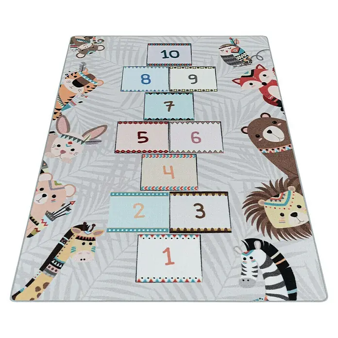 Kinderteppich Play 2903 - Grau, 120 x 80 cm, 100% Polyamide - Eine farbenfrohe Kinder-Hopscotch-Matte mit Tiermotiven und Zahlen von 1 bis 10, ideal für Spielzimmer oder Kinderzimmer.