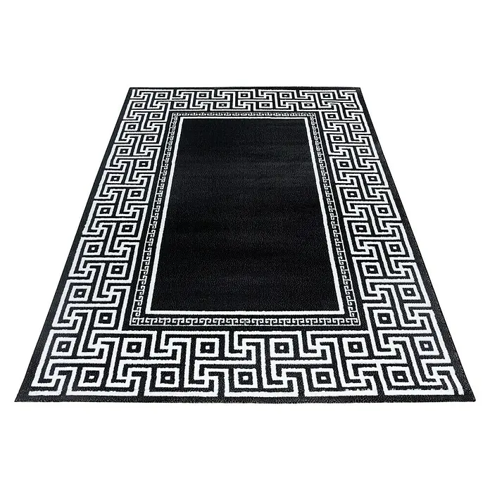 Kurzflorteppich Parma 9340 - Schwarz, 200 x 140 cm, 100 % Polypropylen - Elegante schwarze Teppich mit weißem, griechisch inspiriertem Muster, ein stilvolles Highlight für jeden Raum.