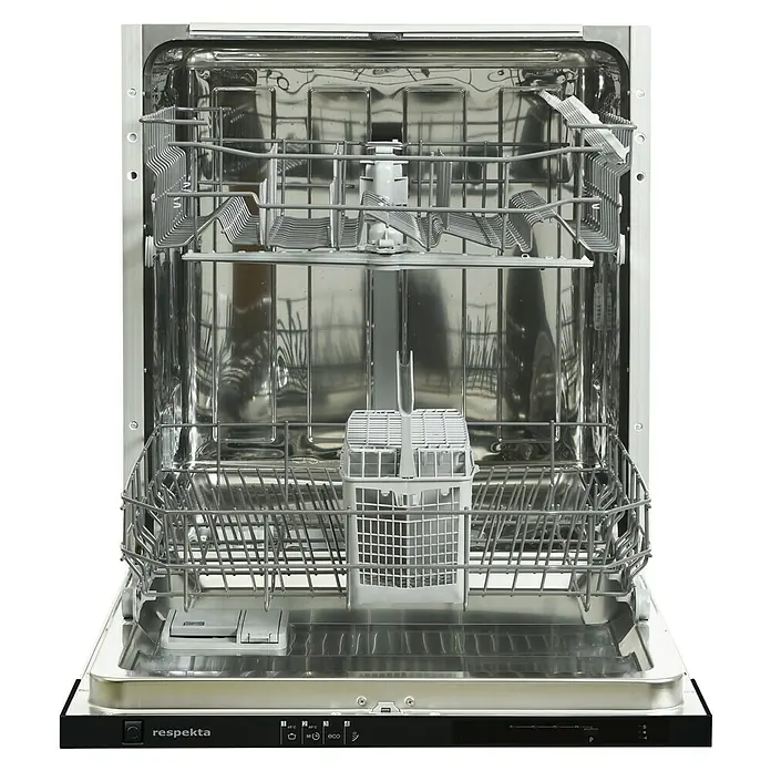 Respekta Premium Composición de cocina Amanda - Ancho: 280 cm, Blanco (campana negra), Con electrodomésticos - Vista interior de un lavavajillas Respekta con cestas extraíbles y cesto para cubiertos.