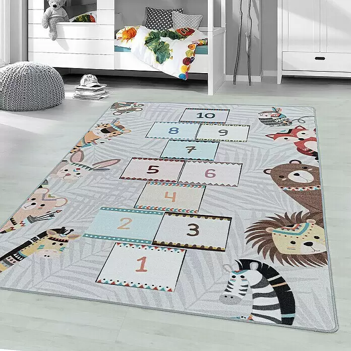 Kinderteppich Play 2903 - Grau, 120 x 80 cm, 100% Polyamide - Farbiger Kinder-Spielteppich mit Hüpfspiel (Zahlen 1-10) und Cartoon-Tieren.