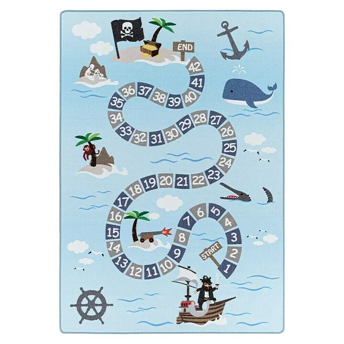 Kinderteppich Play 2908 - Blau, 230 x 160 cm, 100% Polyamide - Eine spielerische Schatzsuche: Bunte Spielmatte mit Piratenmotiv und Zahlenpfad für kleine Abenteurer.