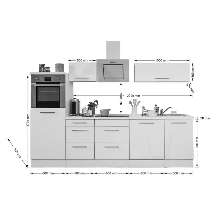 Respekta Premium Küchenzeile RP280HEWBO - Breite: 280 cm, Weiß, Mit Elektrogeräten - Eine moderne weiße Küche mit Einbaubackofen, Dunstabzugshaube und Hängeschränken, ergänzt durch präzise Maßangaben für Planung und Design.