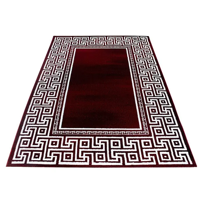 Kurzflorteppich Parma 9340Rot, 150 x 80 cm, 100% Polypropylen - Burgunderroter Teppich mit weißem geometrischem Muster für ein elegantes Ambiente.