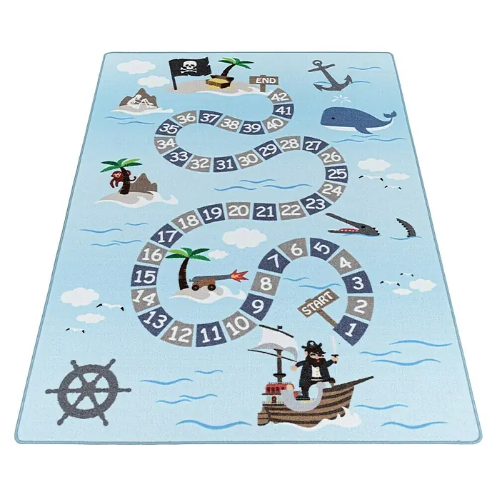 Kinderteppich Play 2908 - Blau, 230 x 160 cm, 100% Polyamide - Detailansicht eines Teppichs mit Piraten-Brettspiel-Design. Ideal für Kinderzimmer mit farbenfrohen Illustrationen und Zahlen von 1 bis 42.