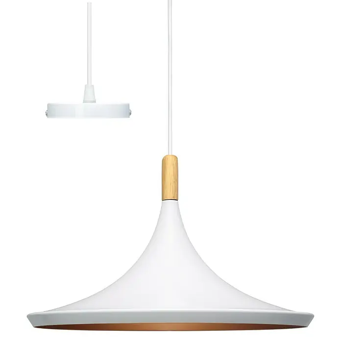 Alverlamp Lámpara colgante redonda Plana - 60 W, Ø x Al: 36 x 19 cm, Blanco, Blanco, E27 - Elegante lámpara colgante blanca con detalle de madera. El diseño minimalista complementa los interiores modernos.