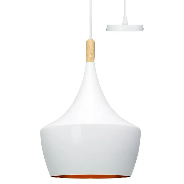 Alverlamp Lámpara colgante redonda circular Copa - 60 W, Ø x Al: 24 x 28 cm, Blanco, Blanco, E27 - Lámpara colgante blanca con detalle de madera y soporte de techo a juego sobre un fondo negro.