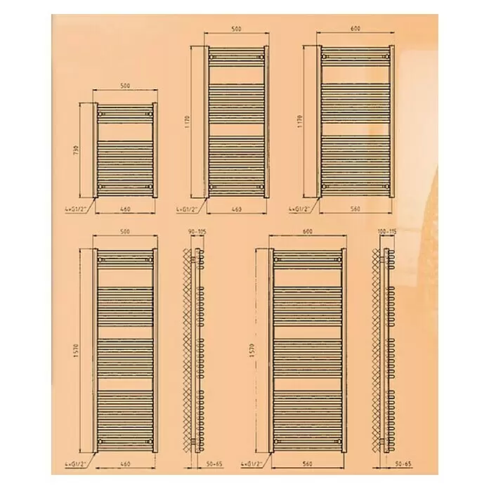 Admiral Radiador toallero Kairo - An x Al: 500 x 1.170 mm, Potencia calorífica a una temperatura de 75 °C (D: 50): 529 W - Dibujos técnicos de varios toalleros calefactables con dimensiones y detalles de conexión.