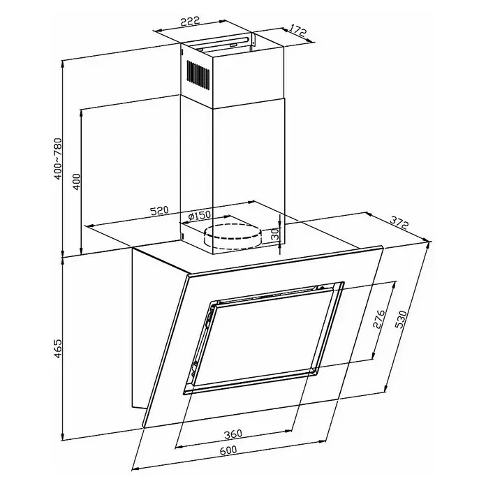 Respekta Premium Composición de cocina Amanda - Ancho: 310 cm, Blanco (campana negra), Con electrodomésticos - Dibujo dimensional de una campana extractora, que muestra las medidas del producto y los detalles de instalación.