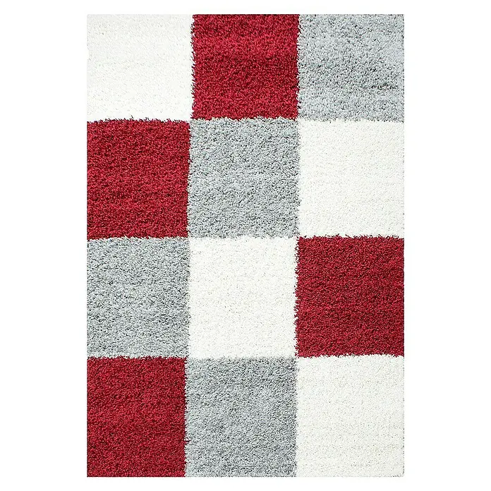 Hochflorteppich Life 1501Rot, 110 x 60 cm, 100% Polypropylen - Ein weicher, hochfloriger Teppich mit einem Schachbrettmuster in Weiß, Grau und Burgunderrot für eine gemütliche Atmosphäre.