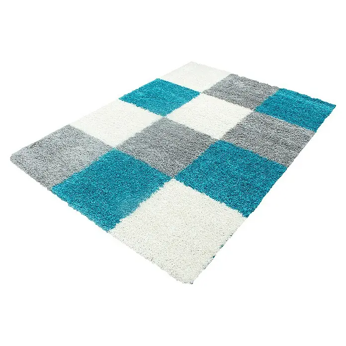 Hochflorteppich Life 1501 - Türkis, 290 x 200 cm, 100% Polypropylen - Ein flauschiger Teppich mit Schachbrettmuster in Türkis, Grau und Weiß. Ideal für ein gemütliches Ambiente in jedem Raum.