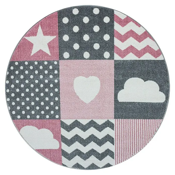 Kinderteppich Kids 0620Pink, 120 cm, 100% Polypropylen - Runder Teppich mit rosa, grauen und weißen Mustern. Der Teppich ist ideal für Kinderzimmer.