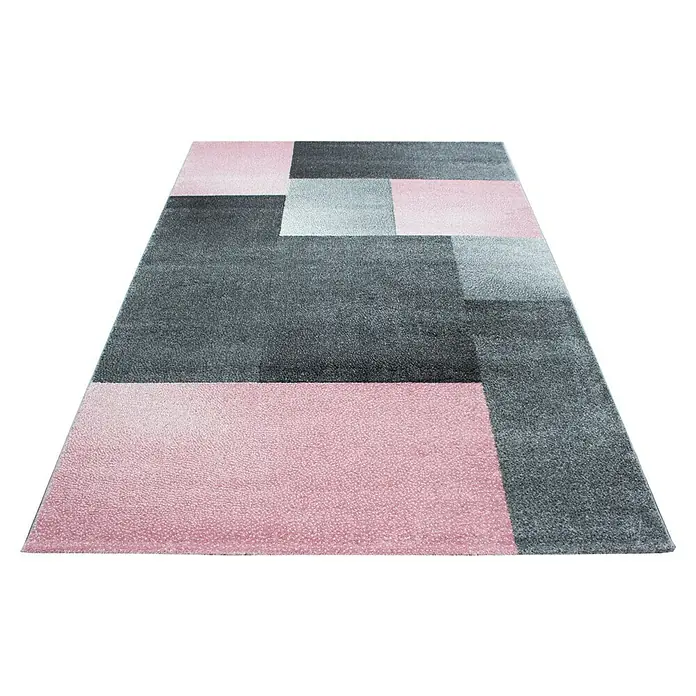 Kurzflorteppich Lucca 1810Pink, 290 x 200 cm, 100% Polypropylen - Moderner Teppich mit geometrischem Muster in Grau- und Rosatönen, ideal für zeitgenössische Wohnräume.